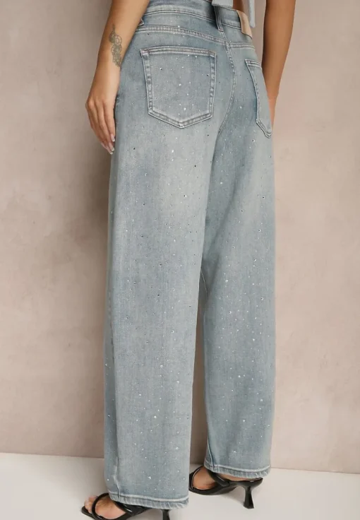Niebieskie Jeansy High Waist Szerokie z Cyrkoniami Relrive
