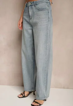 Niebieskie Jeansy High Waist Szerokie z Cyrkoniami Relrive