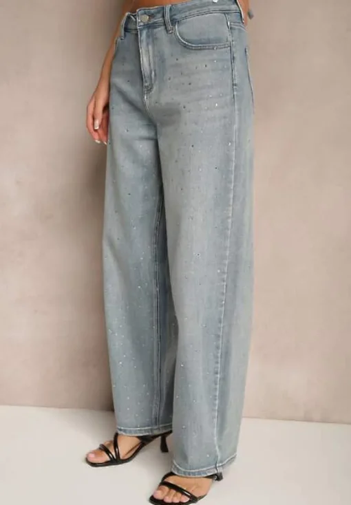 Niebieskie Jeansy High Waist Szerokie z Cyrkoniami Relrive