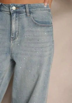 Niebieskie Jeansy High Waist Szerokie z Cyrkoniami Relrive