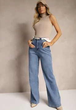 Niebieskie Jeansy High Waist z Szerokimi Nogawkami i Ozdobną Nerką Stilla