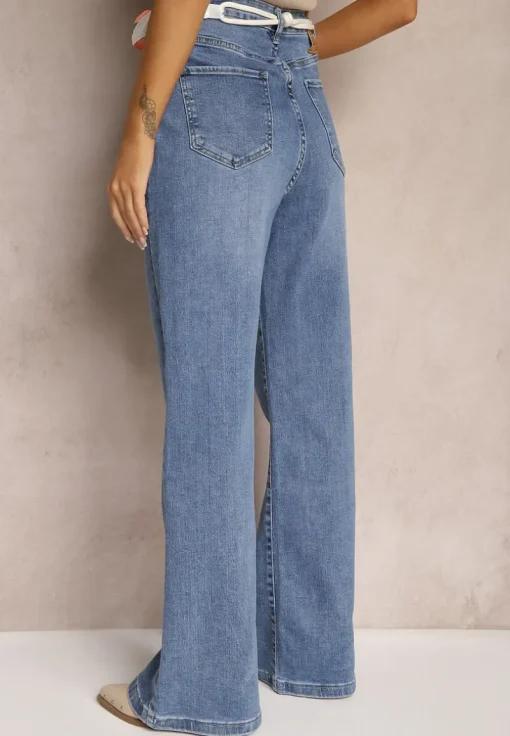 Niebieskie Jeansy High Waist z Szerokimi Nogawkami i Ozdobną Nerką Stilla