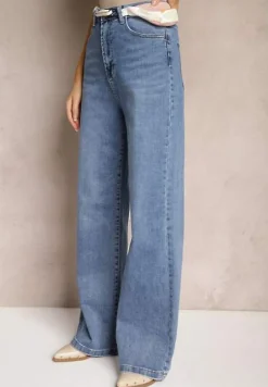 Niebieskie Jeansy High Waist z Szerokimi Nogawkami i Ozdobną Nerką Stilla