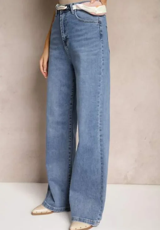 Niebieskie Jeansy High Waist z Szerokimi Nogawkami i Ozdobną Nerką Stilla