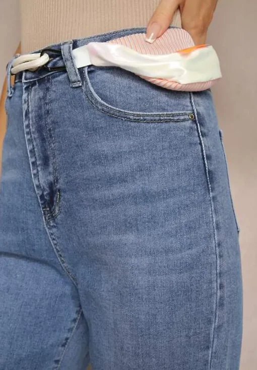 Niebieskie Jeansy High Waist z Szerokimi Nogawkami i Ozdobną Nerką Stilla