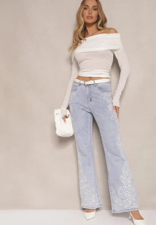 Niebieskie Jeansy High Waist o Fasonie Dzwonów z Bawełną i Dekoracyjnymi Haftami Senaviel