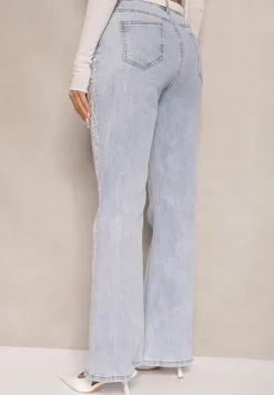 Niebieskie Jeansy High Waist o Fasonie Dzwonów z Bawełną i Dekoracyjnymi Haftami Senaviel