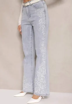 Niebieskie Jeansy High Waist o Fasonie Dzwonów z Bawełną i Dekoracyjnymi Haftami Senaviel