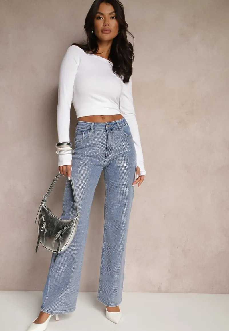 Niebieskie Jeansy High Waist z Cyrkoniami o Szerokim Kroju Raviae
