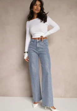 Niebieskie Jeansy High Waist z Cyrkoniami o Szerokim Kroju Raviae