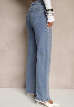 Niebieskie Jeansy High Waist z Cyrkoniami o Szerokim Kroju Raviae