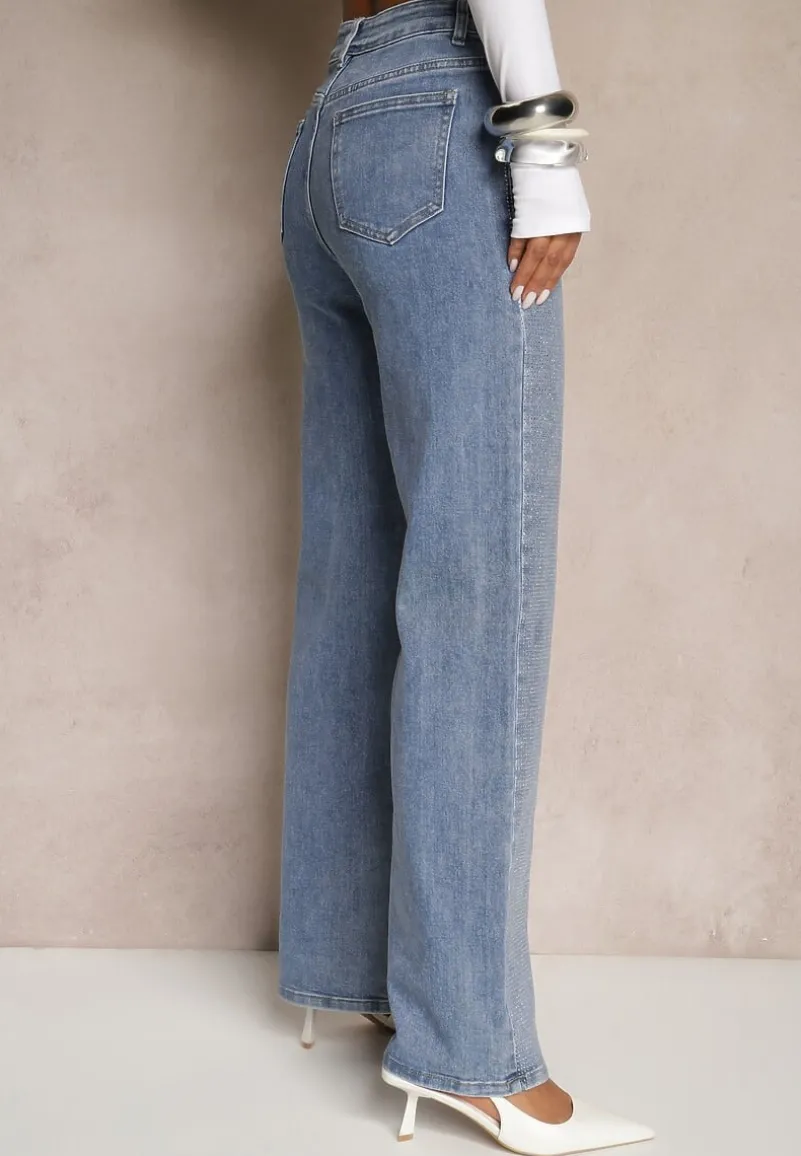 Niebieskie Jeansy High Waist z Cyrkoniami o Szerokim Kroju Raviae