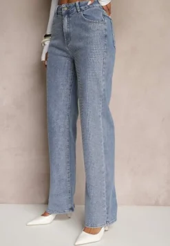 Niebieskie Jeansy High Waist z Cyrkoniami o Szerokim Kroju Raviae