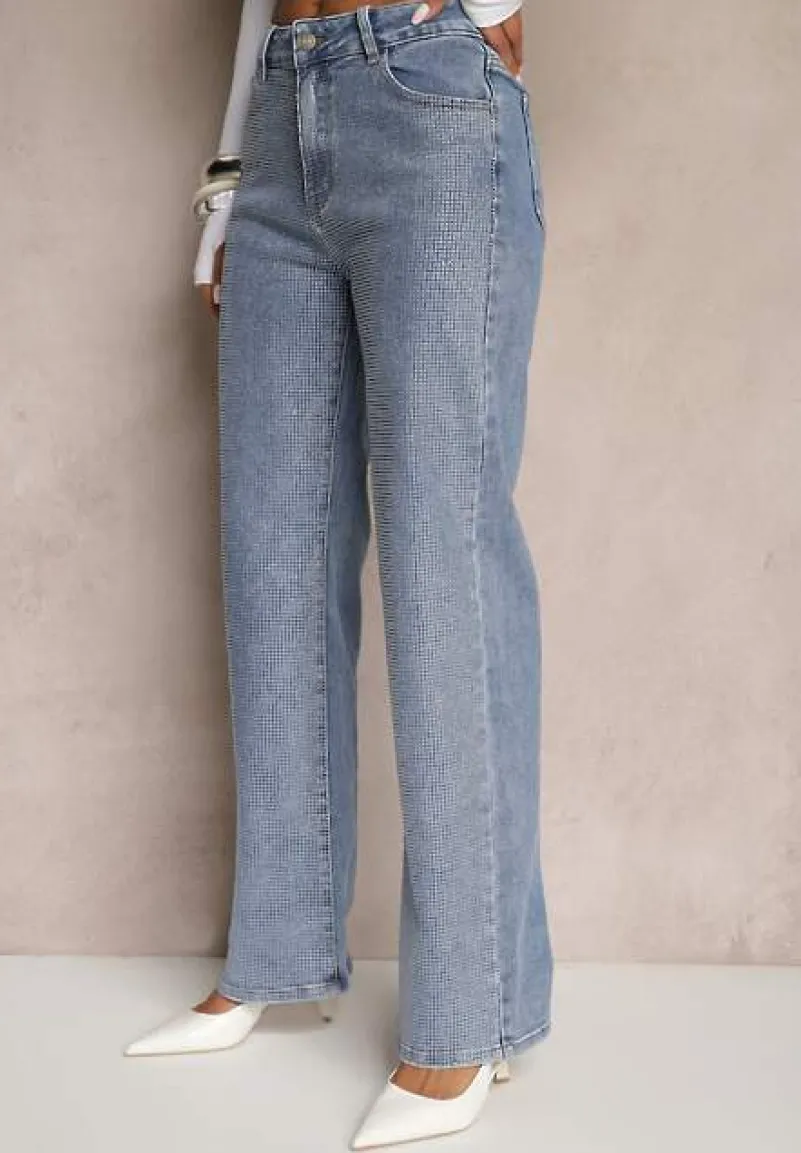 Niebieskie Jeansy High Waist z Cyrkoniami o Szerokim Kroju Raviae