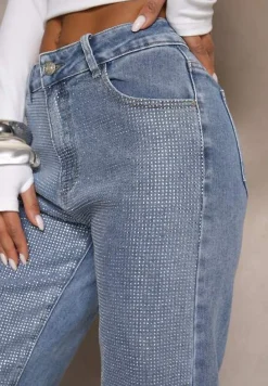 Niebieskie Jeansy High Waist z Cyrkoniami o Szerokim Kroju Raviae