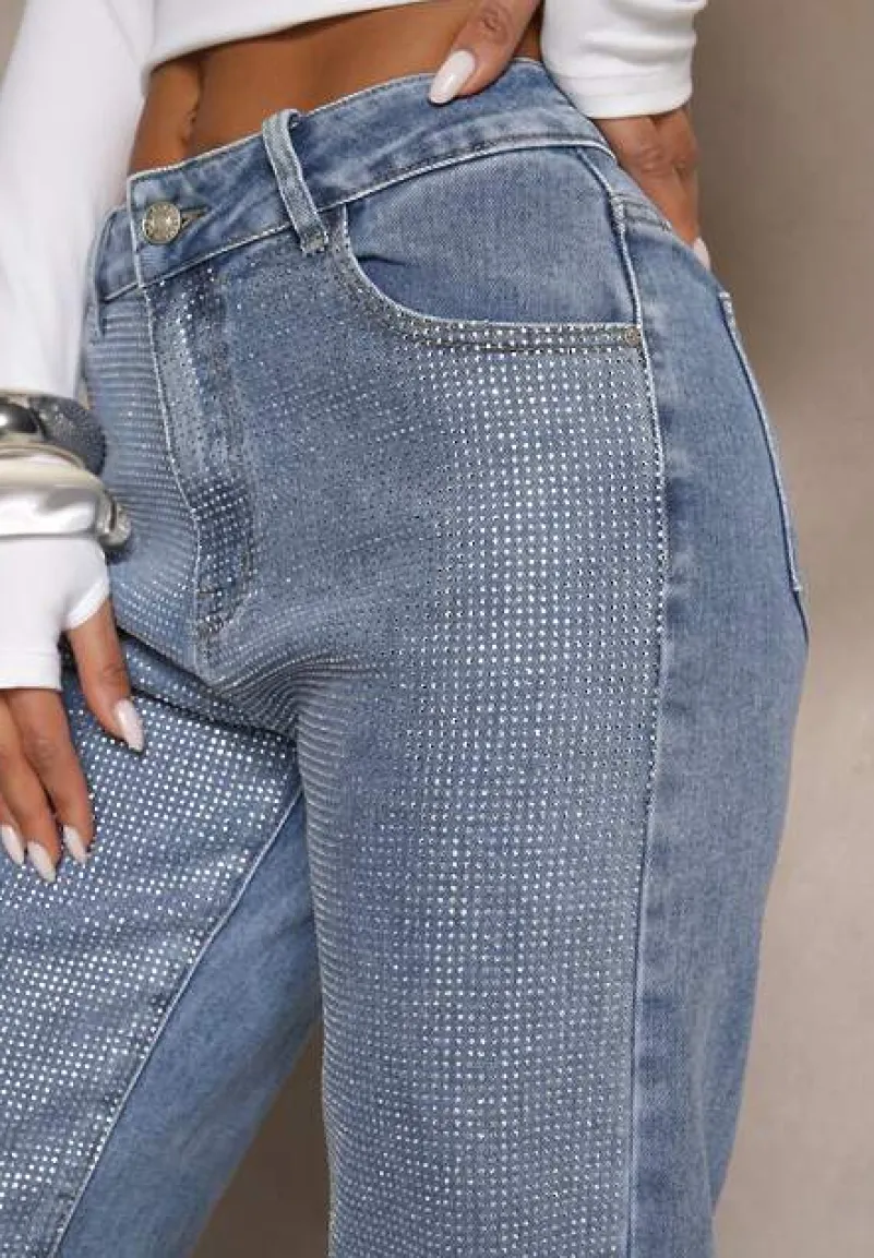 Niebieskie Jeansy High Waist z Cyrkoniami o Szerokim Kroju Raviae