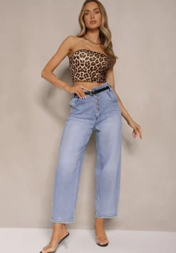 Niebieskie Jeansy Mom Fit High Waist Zapinane na Guziki Zeloiti