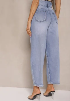 Niebieskie Jeansy Mom Fit High Waist Zapinane na Guziki Zeloiti