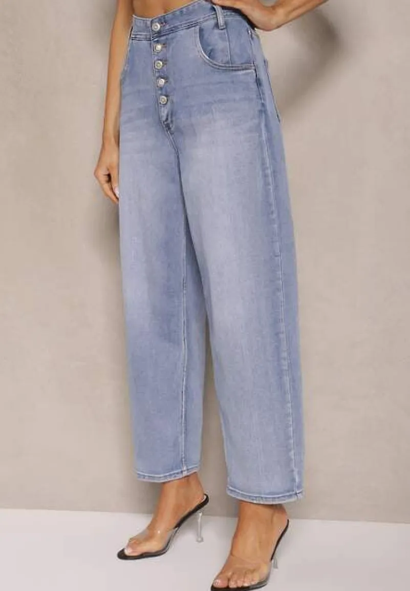 Niebieskie Jeansy Mom Fit High Waist Zapinane na Guziki Zeloiti