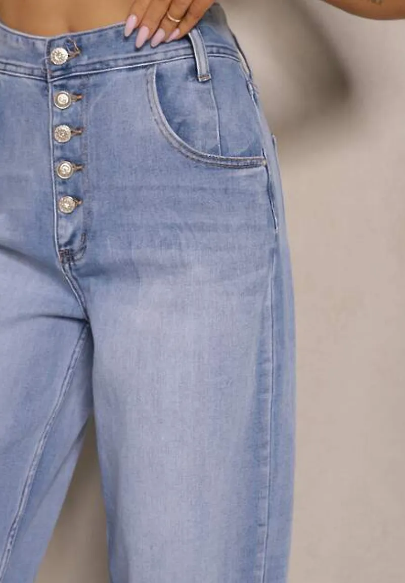 Niebieskie Jeansy Mom Fit High Waist Zapinane na Guziki Zeloiti