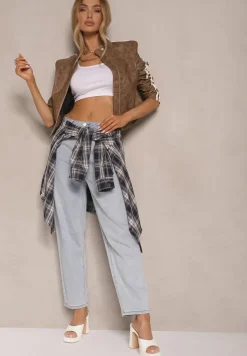 Niebieskie Jeansy Mom Fit High Waist Zdobione Haftem w Kształcie Serca Valliora
