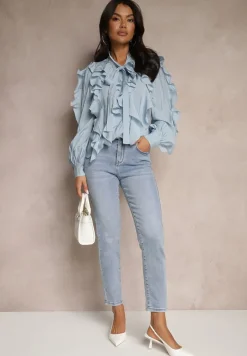 Niebieskie Jeansy Mom Fit High Waist Delonwen