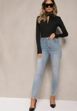Niebieskie Jeansy o Fasonie Skinny z Postrzępionymi Nogawkami Quinte