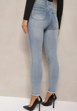 Niebieskie Jeansy o Fasonie Skinny z Postrzępionymi Nogawkami Quinte