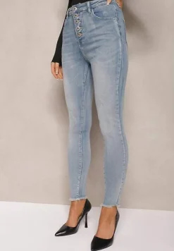 Niebieskie Jeansy o Fasonie Skinny z Postrzępionymi Nogawkami Quinte