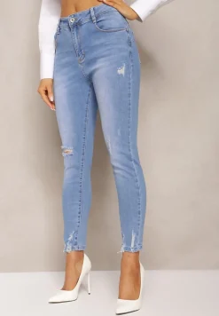 Niebieskie Jeansy o Fasonie Skinny Push Up z Przedarciami Fanfa