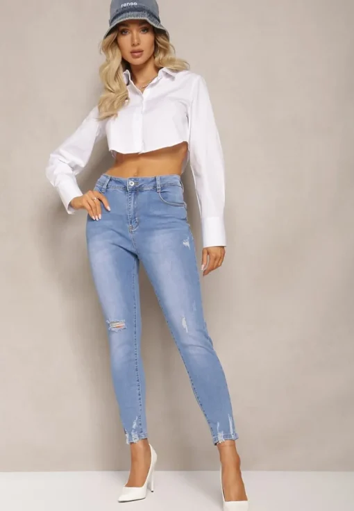 Niebieskie Jeansy o Fasonie Skinny Push Up z Przedarciami Fanfa