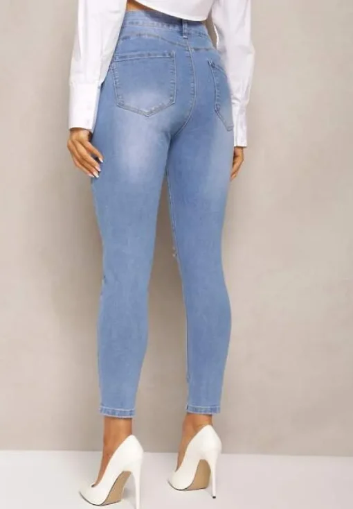 Niebieskie Jeansy o Fasonie Skinny Push Up z Przedarciami Fanfa