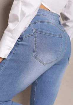 Niebieskie Jeansy o Fasonie Skinny Push Up z Przedarciami Fanfa