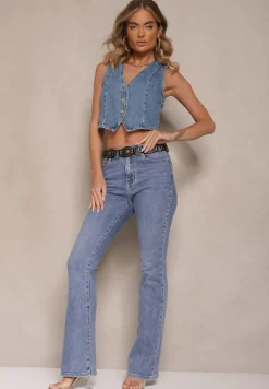 Niebieskie Jeansy o Kroju Flare High Waist Linsora