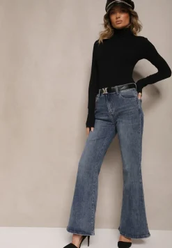 Niebieskie Jeansy o Kroju Dzwonów z Paskiem z Klamrą Zdobioną Cyrkoniami Cyreti