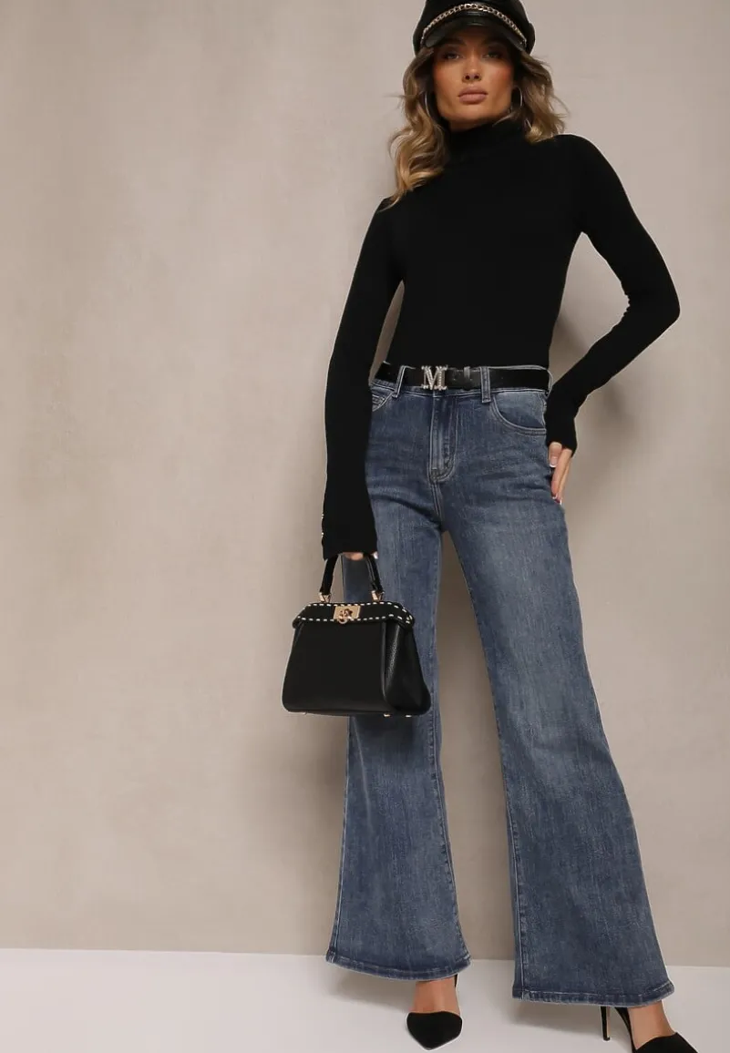 Niebieskie Jeansy o Kroju Dzwonów z Paskiem z Klamrą Zdobioną Cyrkoniami Cyreti