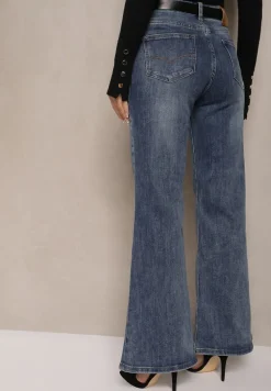 Niebieskie Jeansy o Kroju Dzwonów z Paskiem z Klamrą Zdobioną Cyrkoniami Cyreti