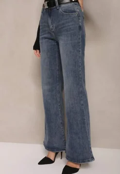 Niebieskie Jeansy o Kroju Dzwonów z Paskiem z Klamrą Zdobioną Cyrkoniami Cyreti