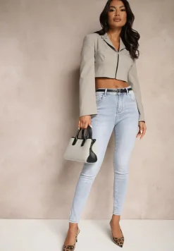 Niebieskie Jeansy o Kroju Slim High Waist Zdobione Haftem w Kształcie Serca Araniah