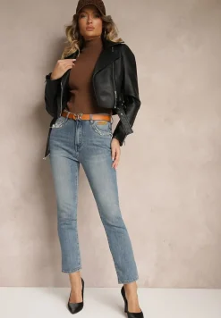 Niebieskie Jeansy o Kroju Regular Fit z Dodatkowym Ozdobnym Paskiem Delalithra