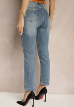 Niebieskie Jeansy o Kroju Regular Fit z Dodatkowym Ozdobnym Paskiem Delalithra