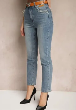 Niebieskie Jeansy o Kroju Regular Fit z Dodatkowym Ozdobnym Paskiem Delalithra