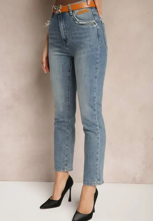 Niebieskie Jeansy o Kroju Regular Fit z Dodatkowym Ozdobnym Paskiem Delalithra