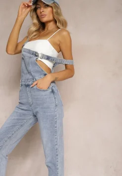 Niebieskie Jeansy Ogrodniczki High Waist z Bawełną Wykończone Guzikami Calliste
