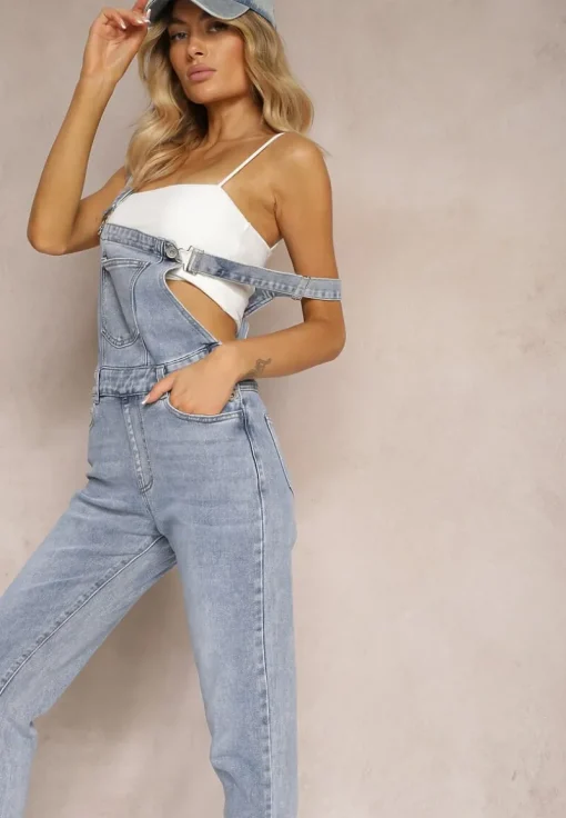 Niebieskie Jeansy Ogrodniczki High Waist z Bawełną Wykończone Guzikami Calliste
