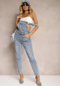 Niebieskie Jeansy Ogrodniczki High Waist z Bawełną Wykończone Guzikami Calliste