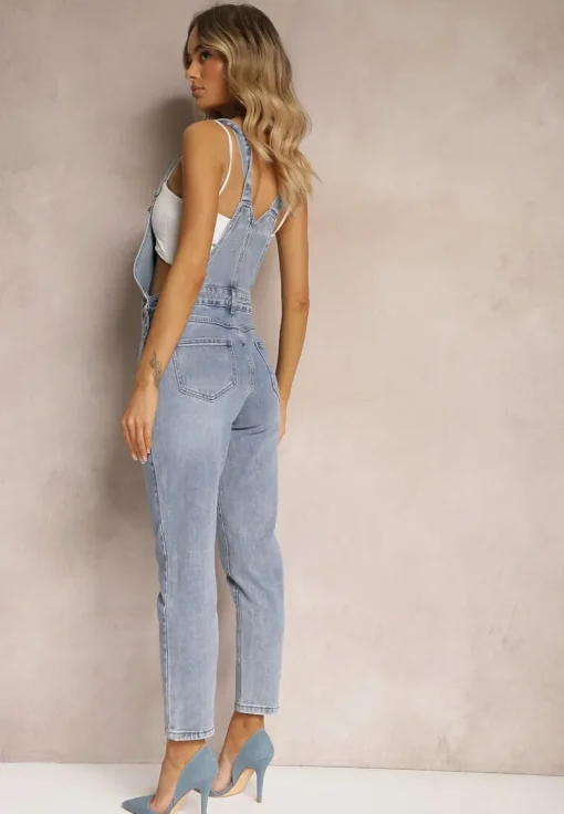 Niebieskie Jeansy Ogrodniczki High Waist z Bawełną Wykończone Guzikami Calliste
