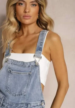 Niebieskie Jeansy Ogrodniczki High Waist z Bawełną Wykończone Guzikami Calliste