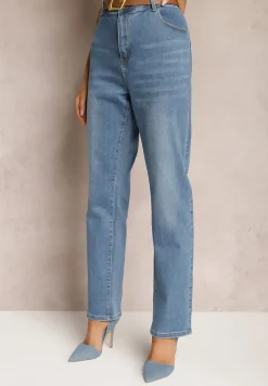 Niebieskie Jeansy Regular Push-Up z Paskiem z Klamrą Rosavita
