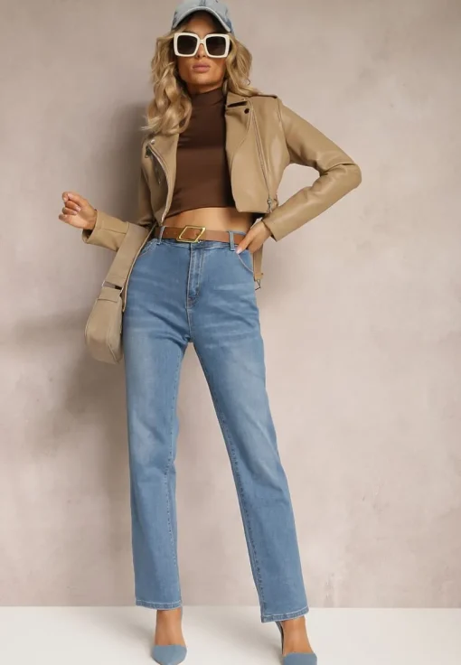 Niebieskie Jeansy Regular Push-Up z Paskiem z Klamrą Rosavita